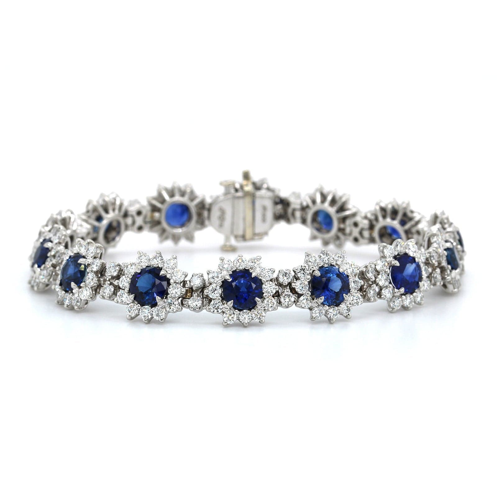 Platinum Sapphire and Diamond Halo Flower Design Bracelet