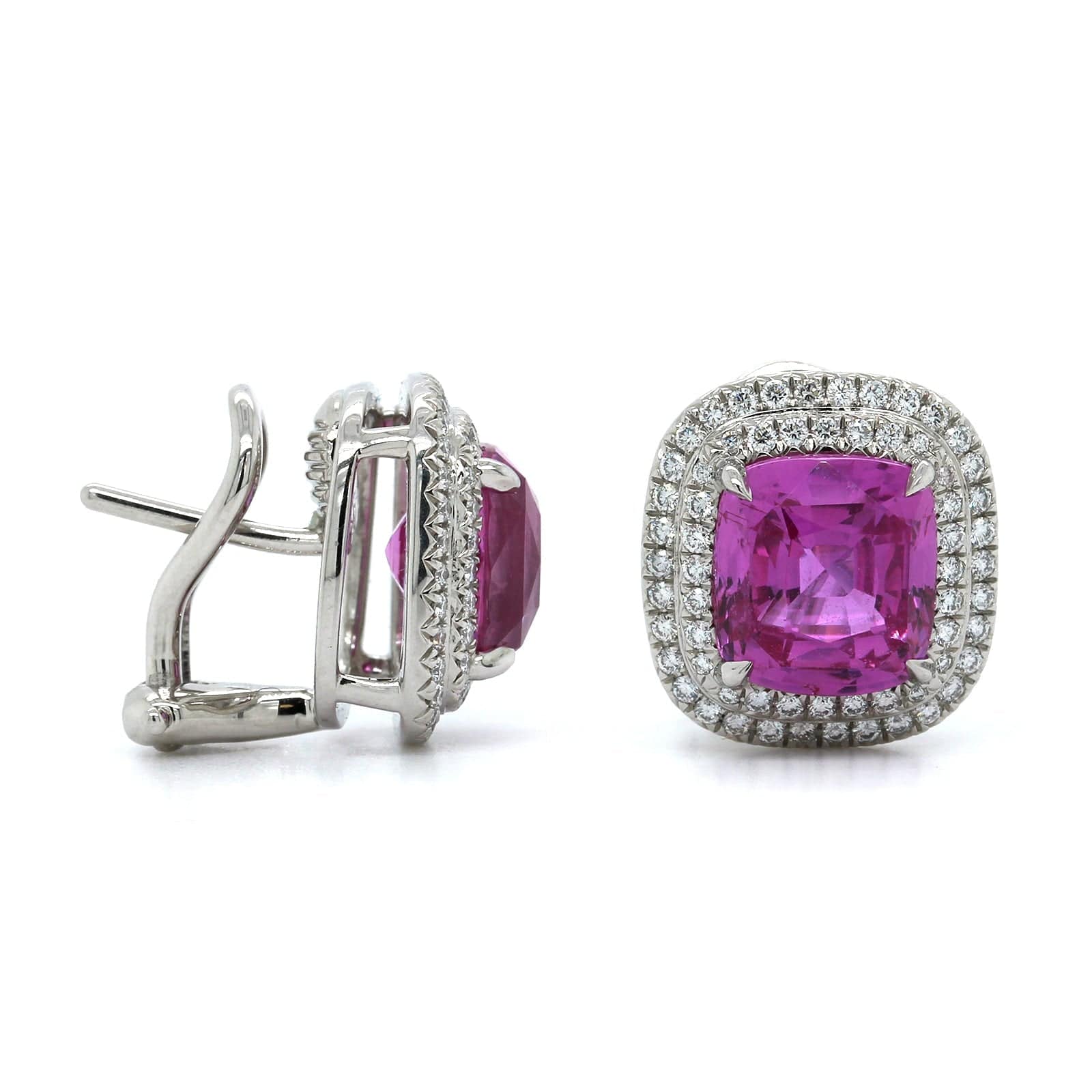 Platinum Cushion Pink Sapphire Double Diamond Halo Earrings, Platinum, Long's Jewelers