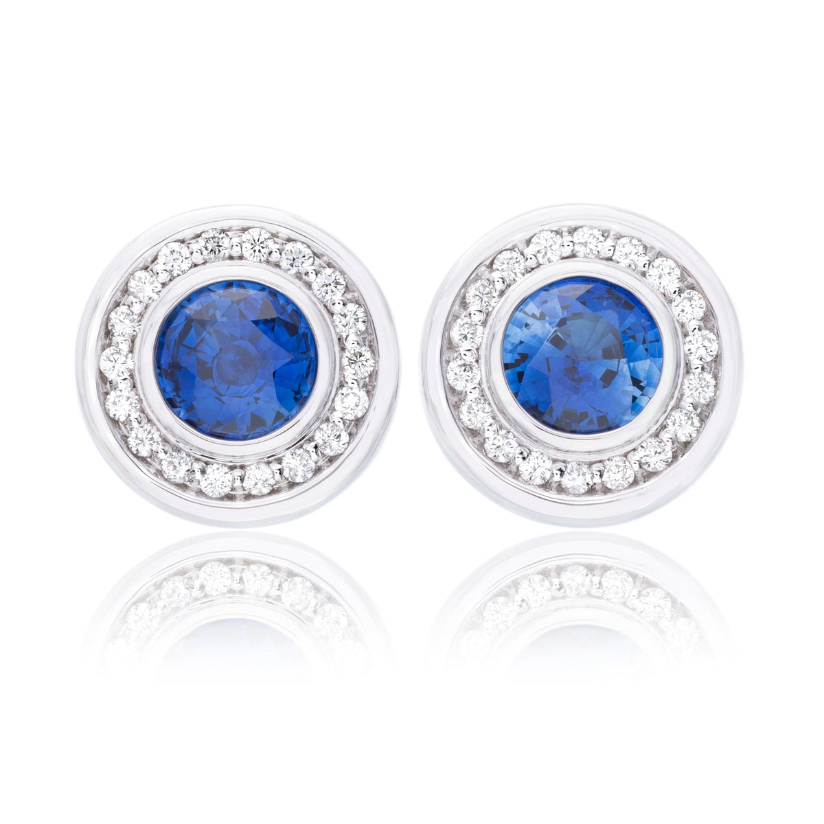 18K White Gold Round Sapphire Bezel Set Diamond Earrings