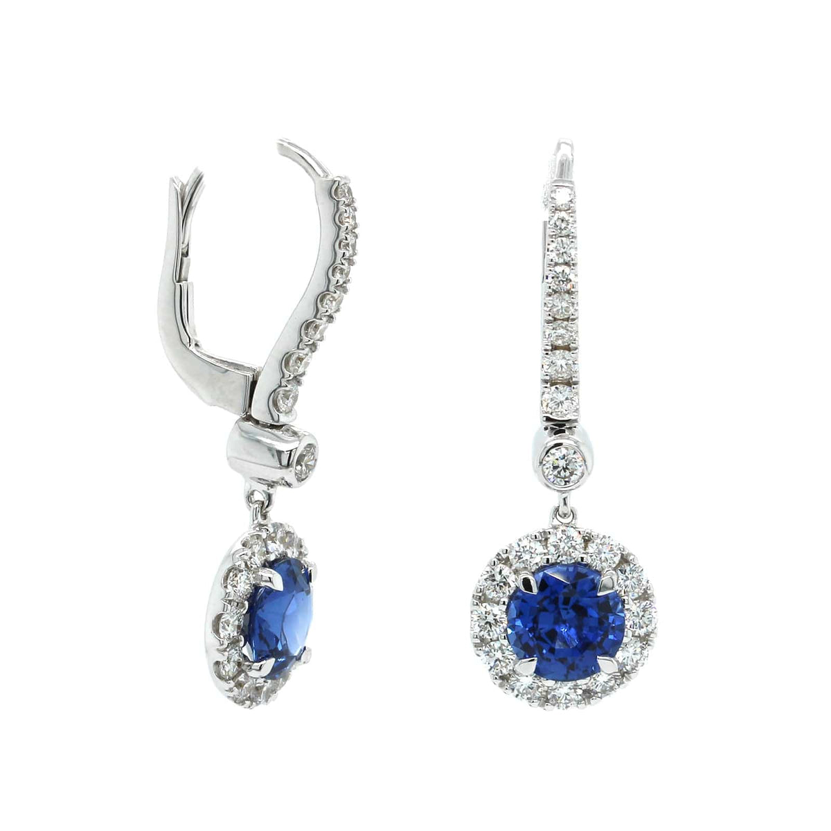 18K White Gold Sapphire and Diamond Halo Dangle Earrings