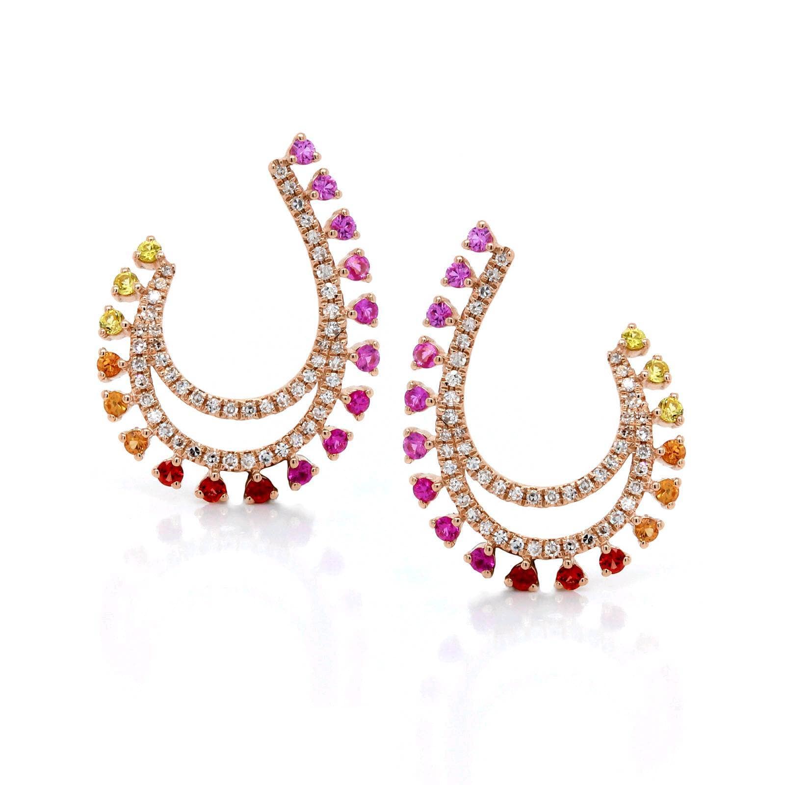 14K Rose Gold Multi Color Sapphire Diamond Earrings
