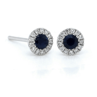 18K White Gold Sapphire Diamond Halo Stud Earrings