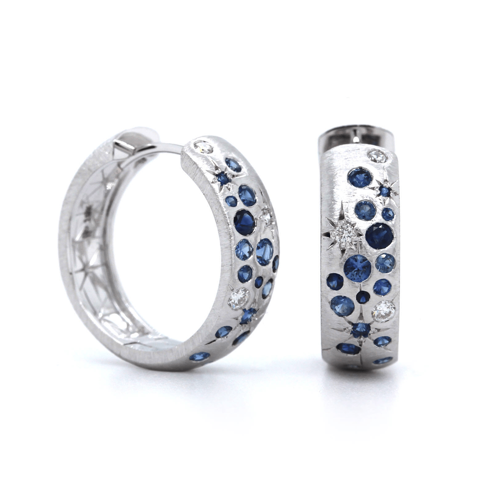 18K White Gold Sapphire and Diamond Huggie Earrings, 18K White Gold Sapphire and Diamond Huggie Earrings, Long's Jewelers