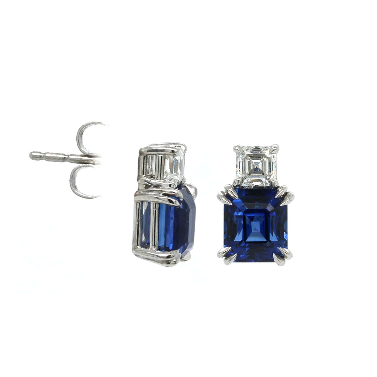 Platinum Emerald Cut Sapphire and Diamond Stud Earrings, Platinum, Long's Jewelers