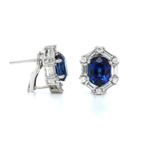18K White Gold Oval Sapphire Baguette Diamond Halo Earrings, 18k white gold, Long's Jewelers