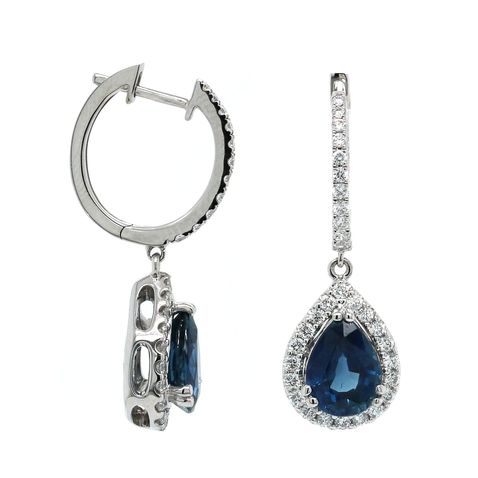 18K White Gold Sapphire Diamond Halo Drop Earrings, 18k white gold, Long's Jewelers