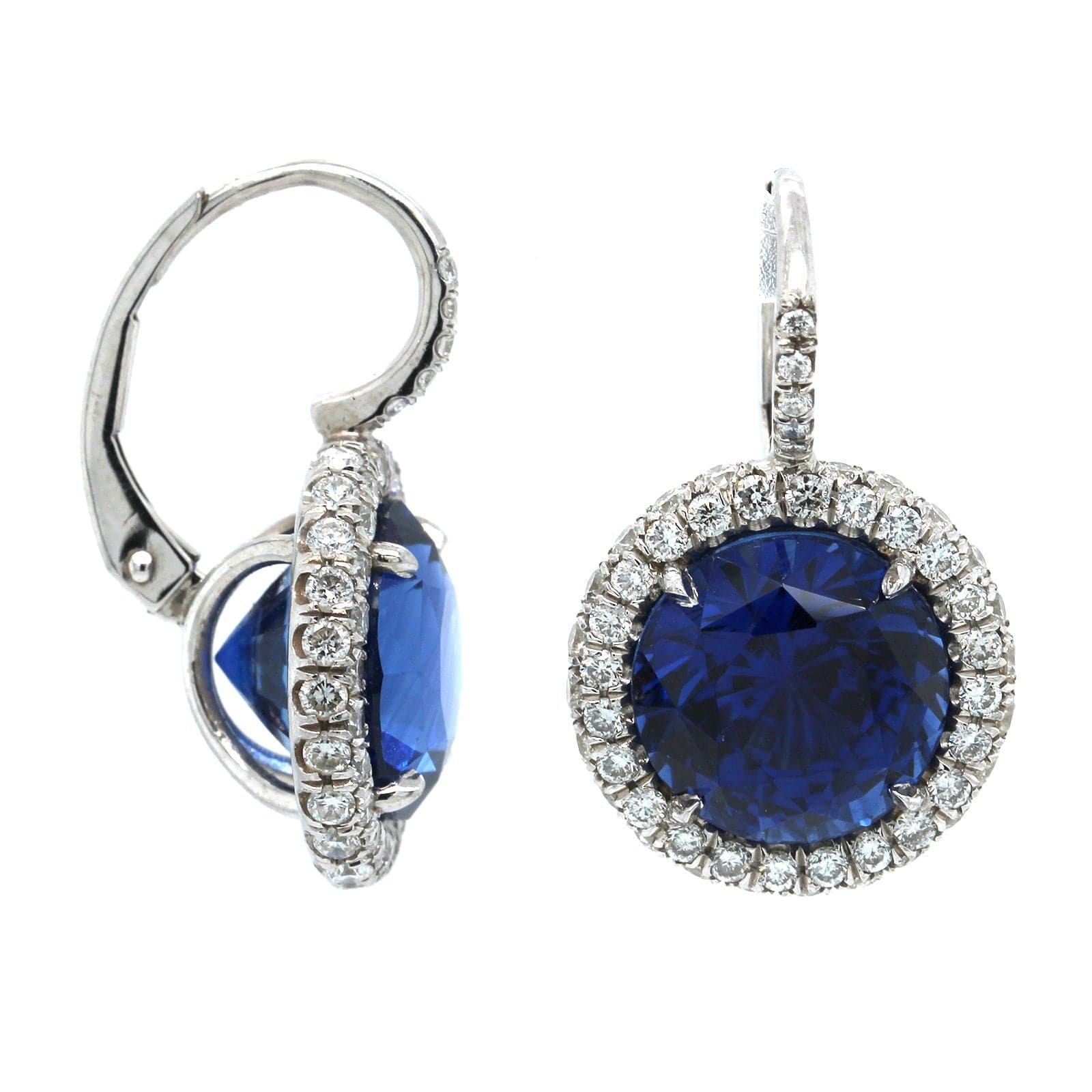 Platinum Round Sapphire Diamond Halo Drop Earrings, Platinum, Long's Jewelers