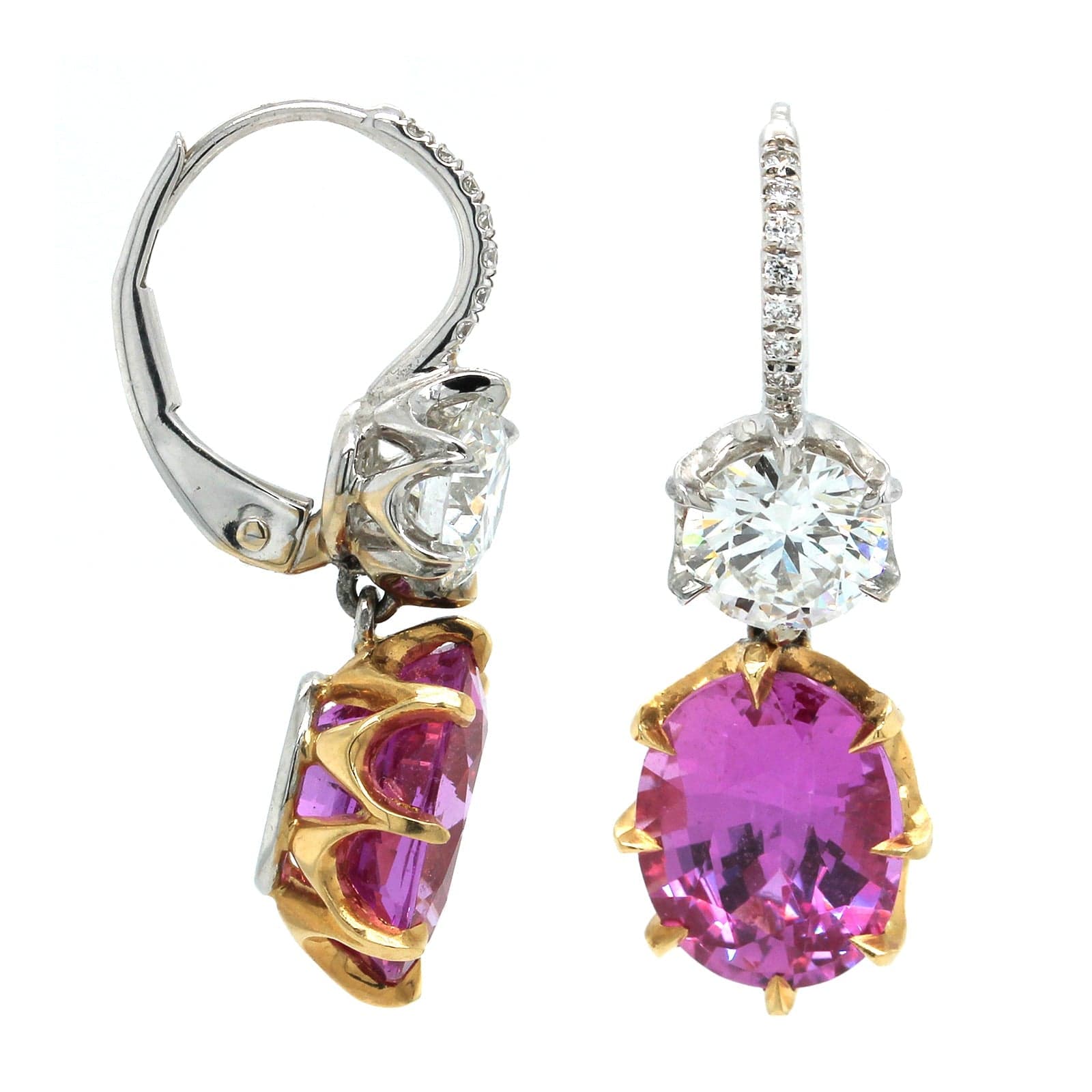 18K Two-Tone Pink Sapphire and Diamond Drop Earrings, 18k white and yellow gold Long's Jewelry