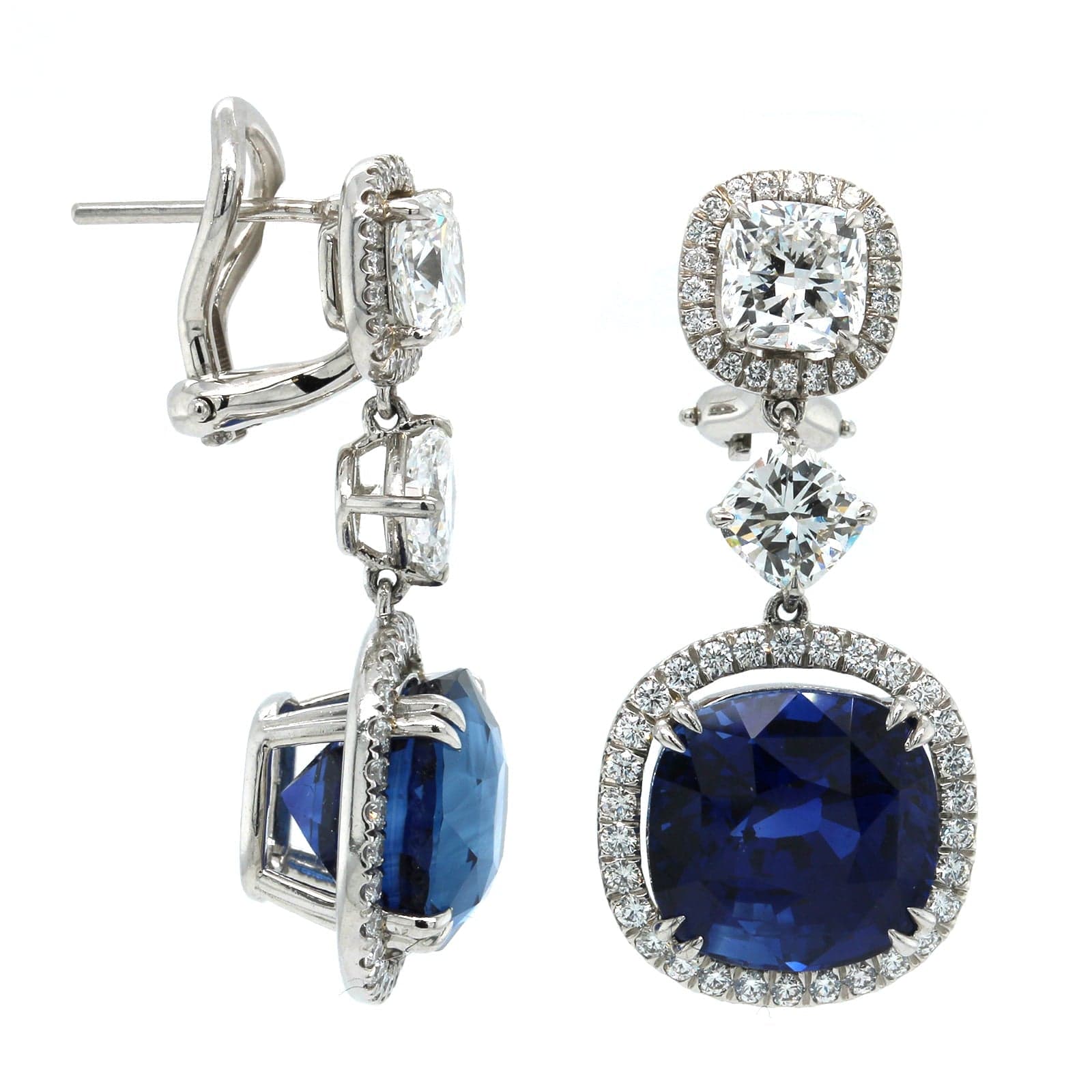 Platinum Cushion Sapphire Diamond Drop Earrings, Platinum, Long's Jewelers