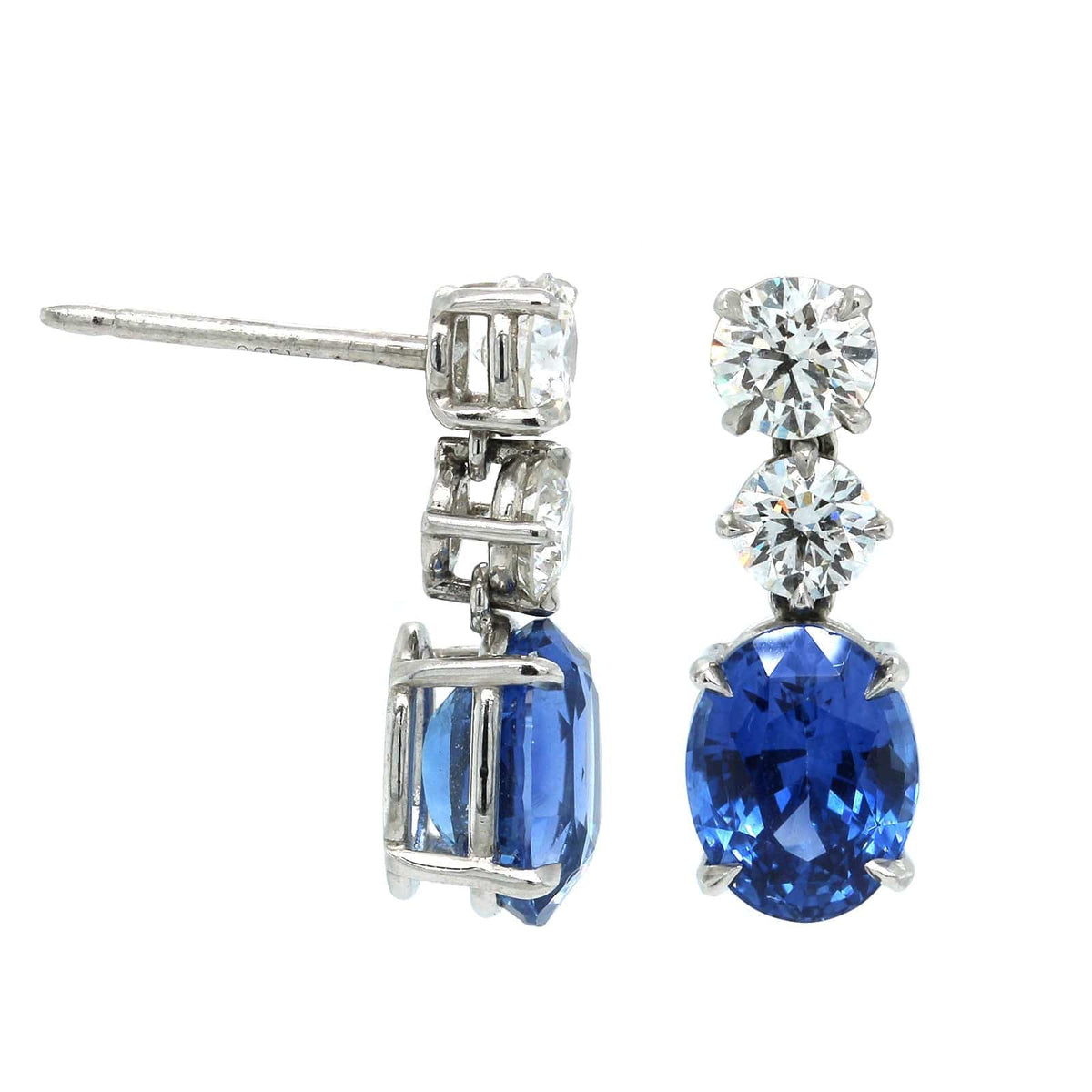 Platinum Oval Sapphire Diamond Drop Earrings, Long's Jewelers