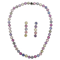 18K White Gold Diamond and Multi Colored Sapphire Necklace and Drop Earrings Set