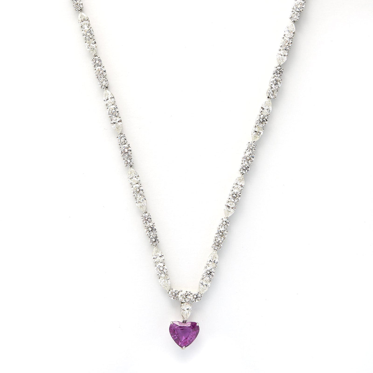 Platinum Heart Shape Pink Sapphire Diamond Necklace