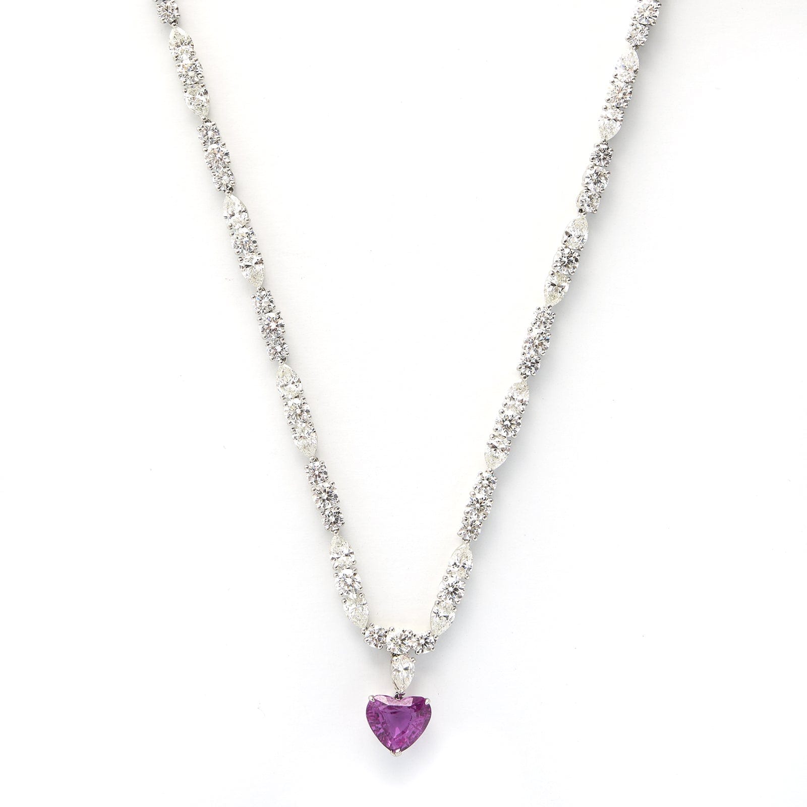 Platinum Heart Shape Pink Sapphire Diamond Necklace