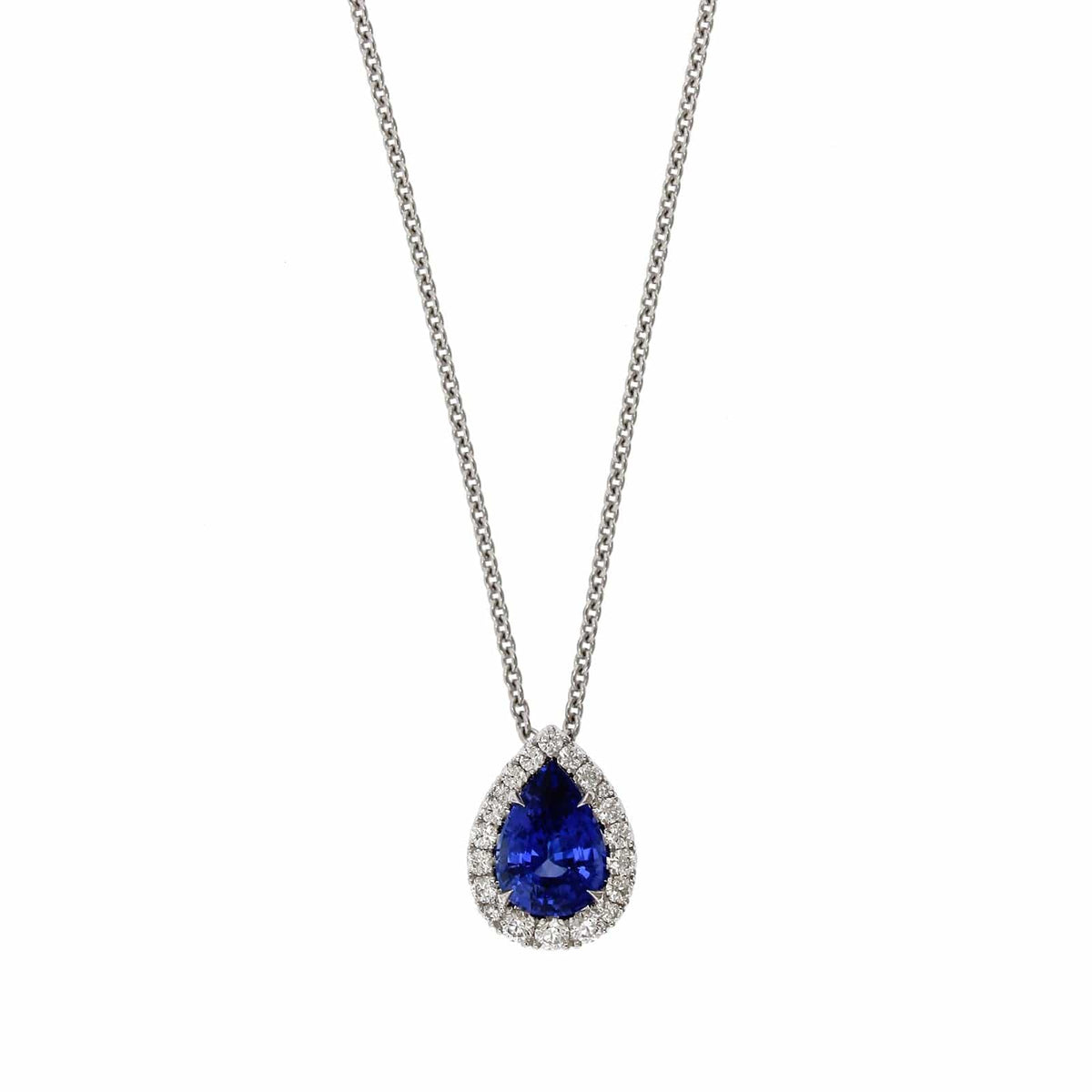 18K White Gold Pear Sapphire and Diamond Halo Pendant