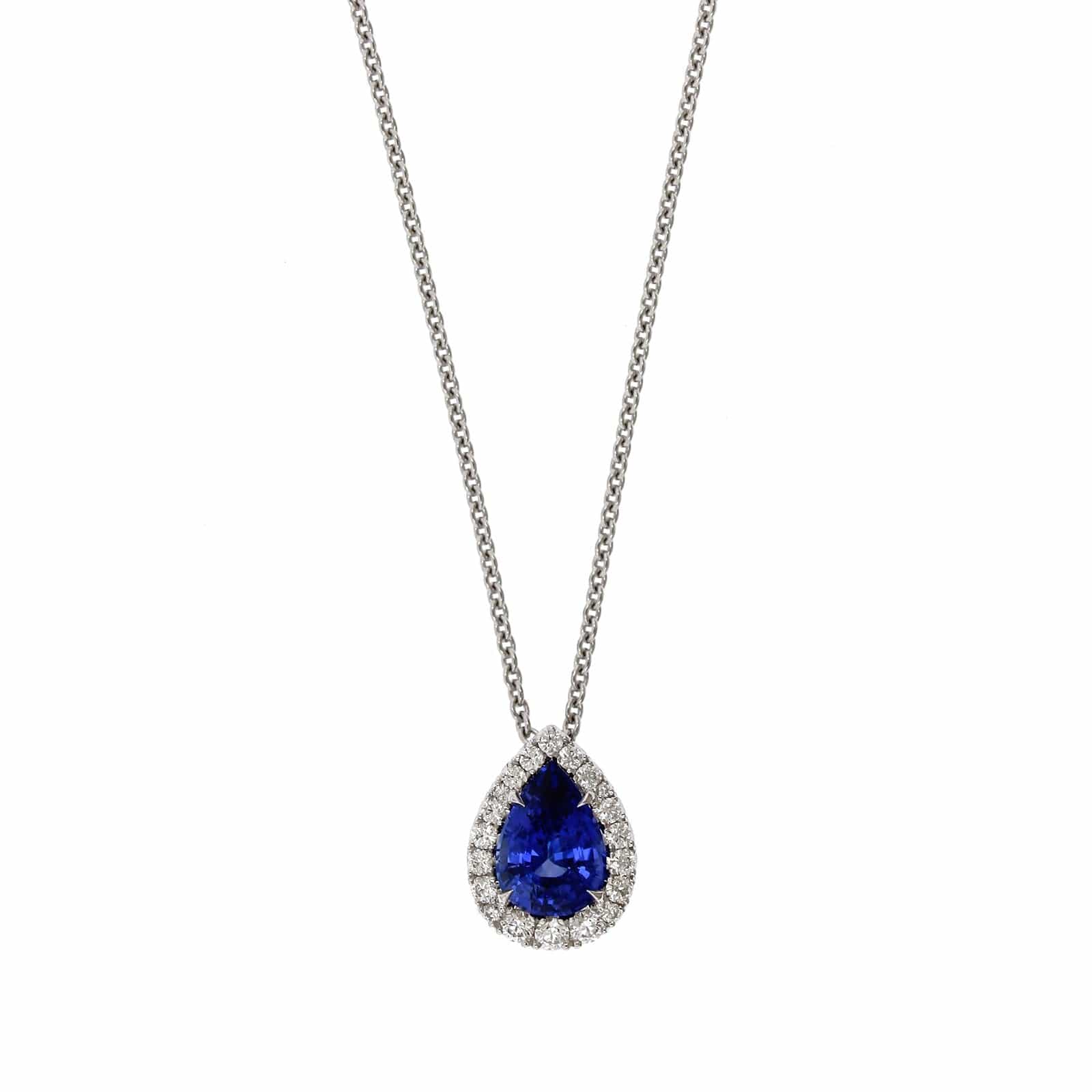 18K White Gold Pear Sapphire and Diamond Halo Pendant