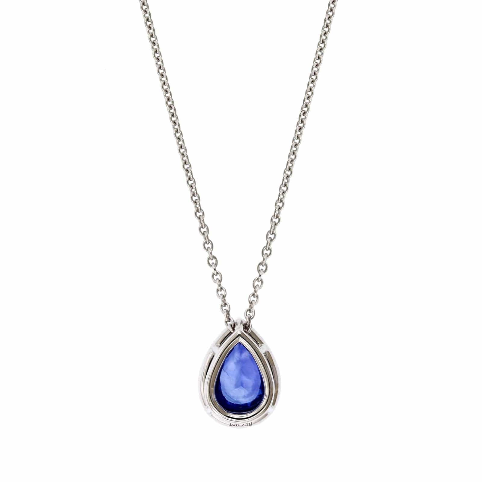 18K White Gold Pear Sapphire and Diamond Halo Pendant