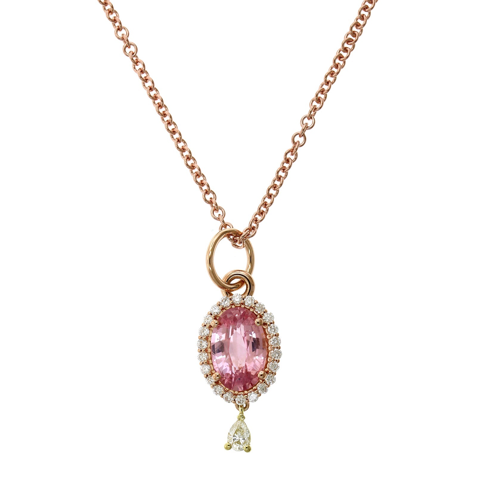 20K Rose Gold Oval Padparadscha Sapphire Diamond Pendant, 20k rose and 18k yellow gold, Long's Jewelers