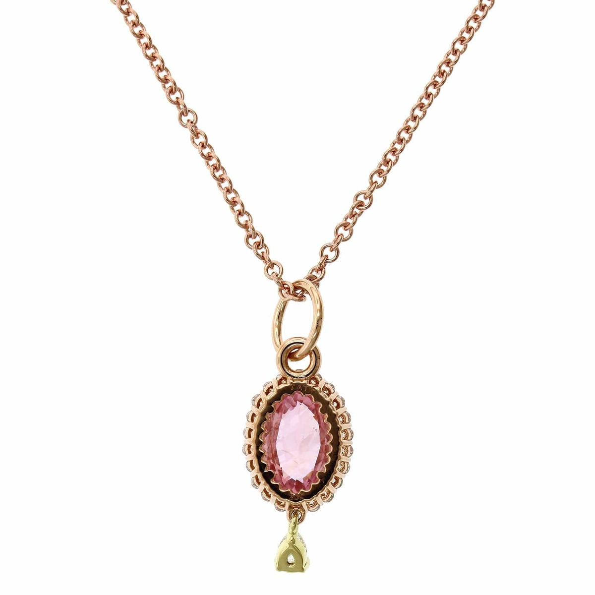 20K Rose Gold Oval Padparadscha Sapphire Diamond Pendant, 20k rose and 18k yellow gold, Long's Jewelers