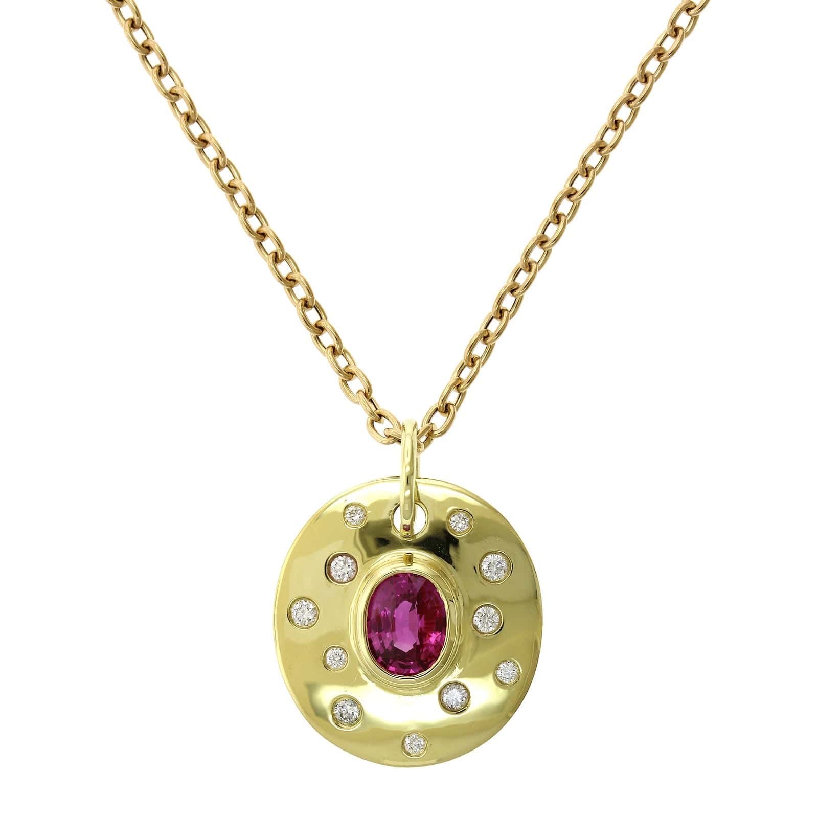 18K Yellow Gold Bezel Set Pink Sapphire Disc Pendant, 18k yellow gold, Long's Jewelers