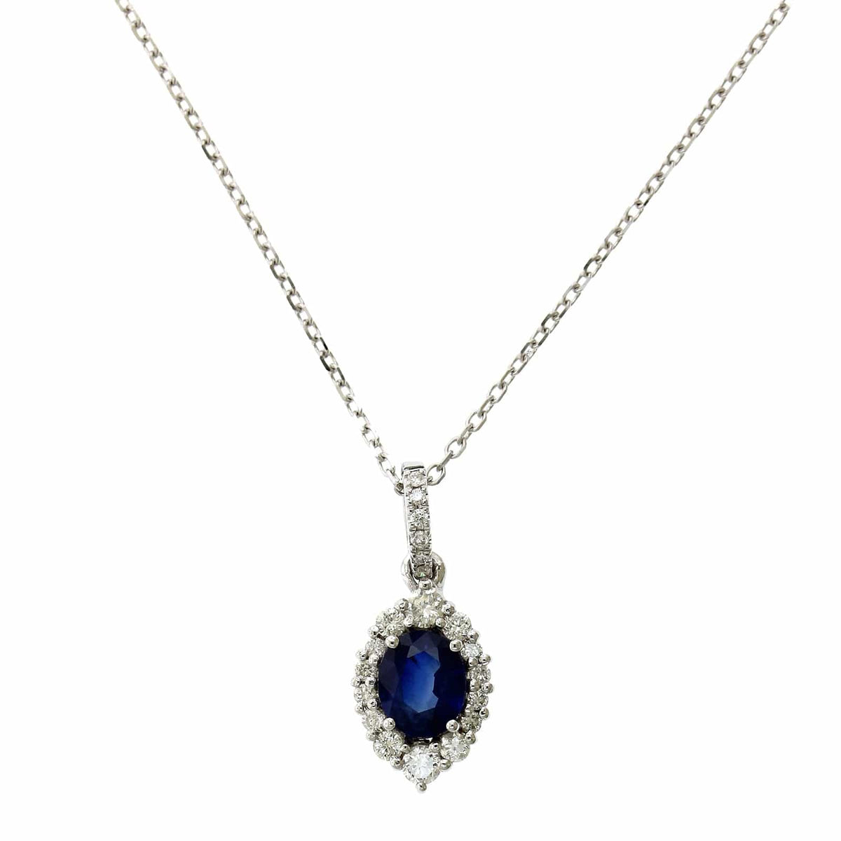 14K White Gold Oval Cut Sapphire Diamond Halo Pendant