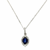 14K White Gold Oval Cut Sapphire Diamond Halo Pendant