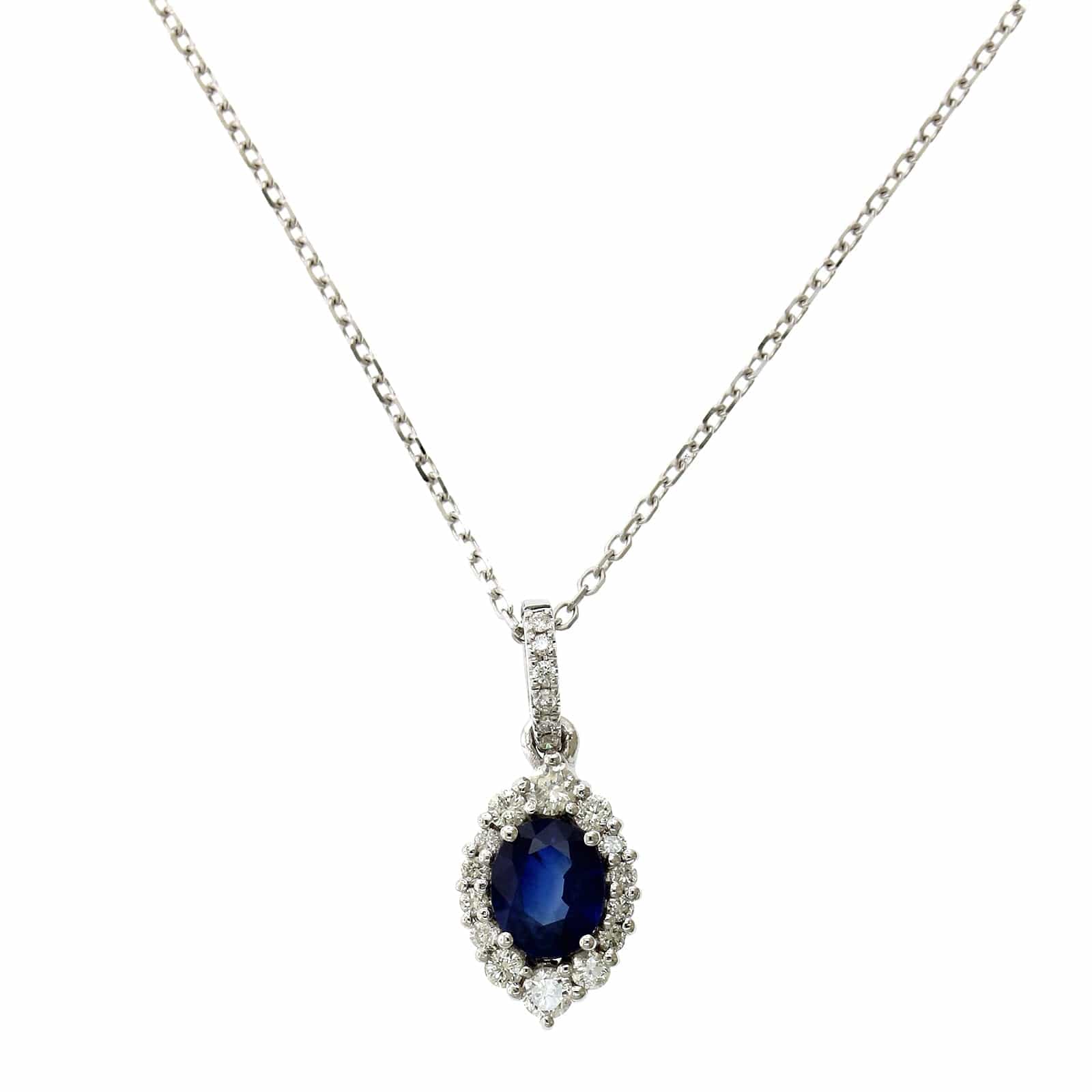 14K White Gold Oval Cut Sapphire Diamond Halo Pendant