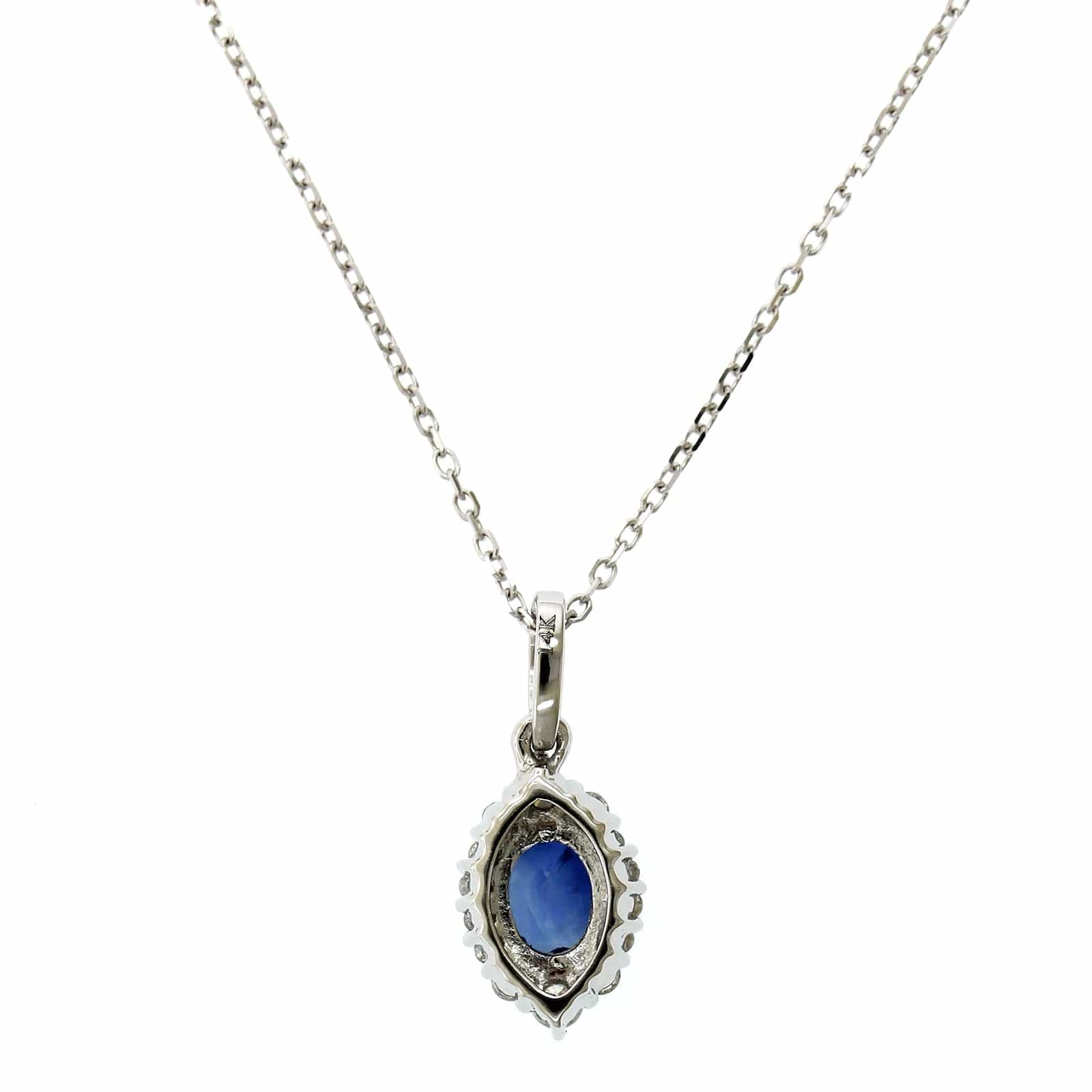 14K White Gold Oval Cut Sapphire Diamond Halo Pendant