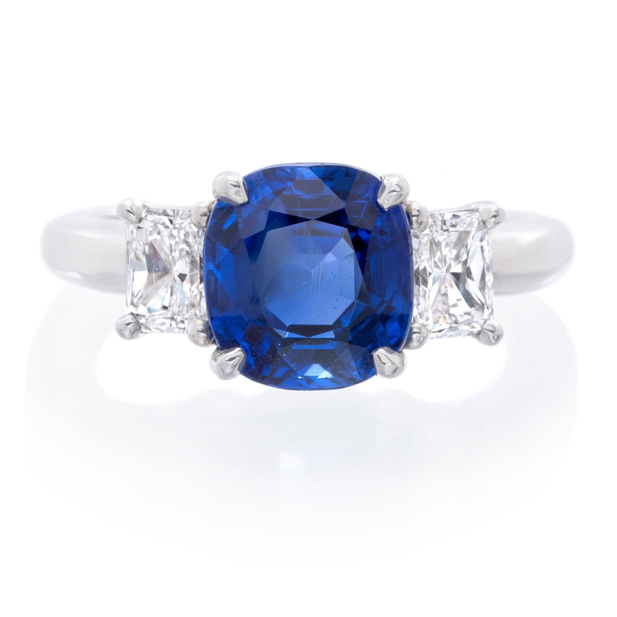 Platinum Three-Stone Cushion Cut Sapphire and Diamond Ring (One-Of-A-Kind Collection)