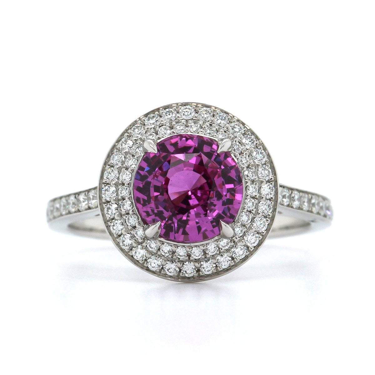 Platinum Round Pink Sapphire Double Diamond Halo Ring