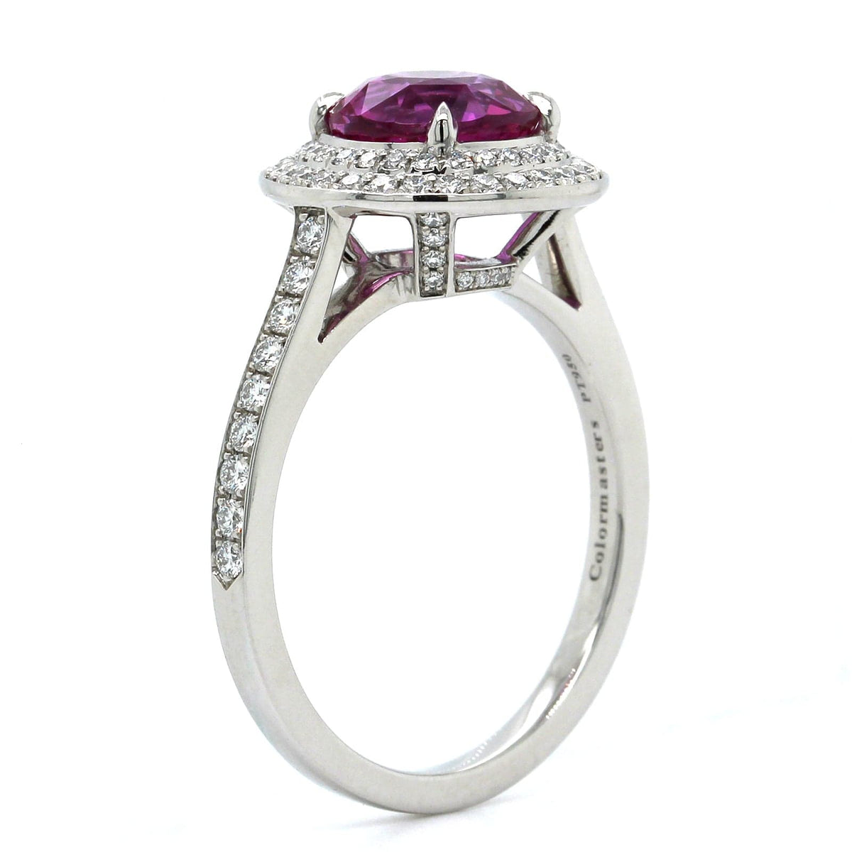 Platinum Round Pink Sapphire Double Diamond Halo Ring