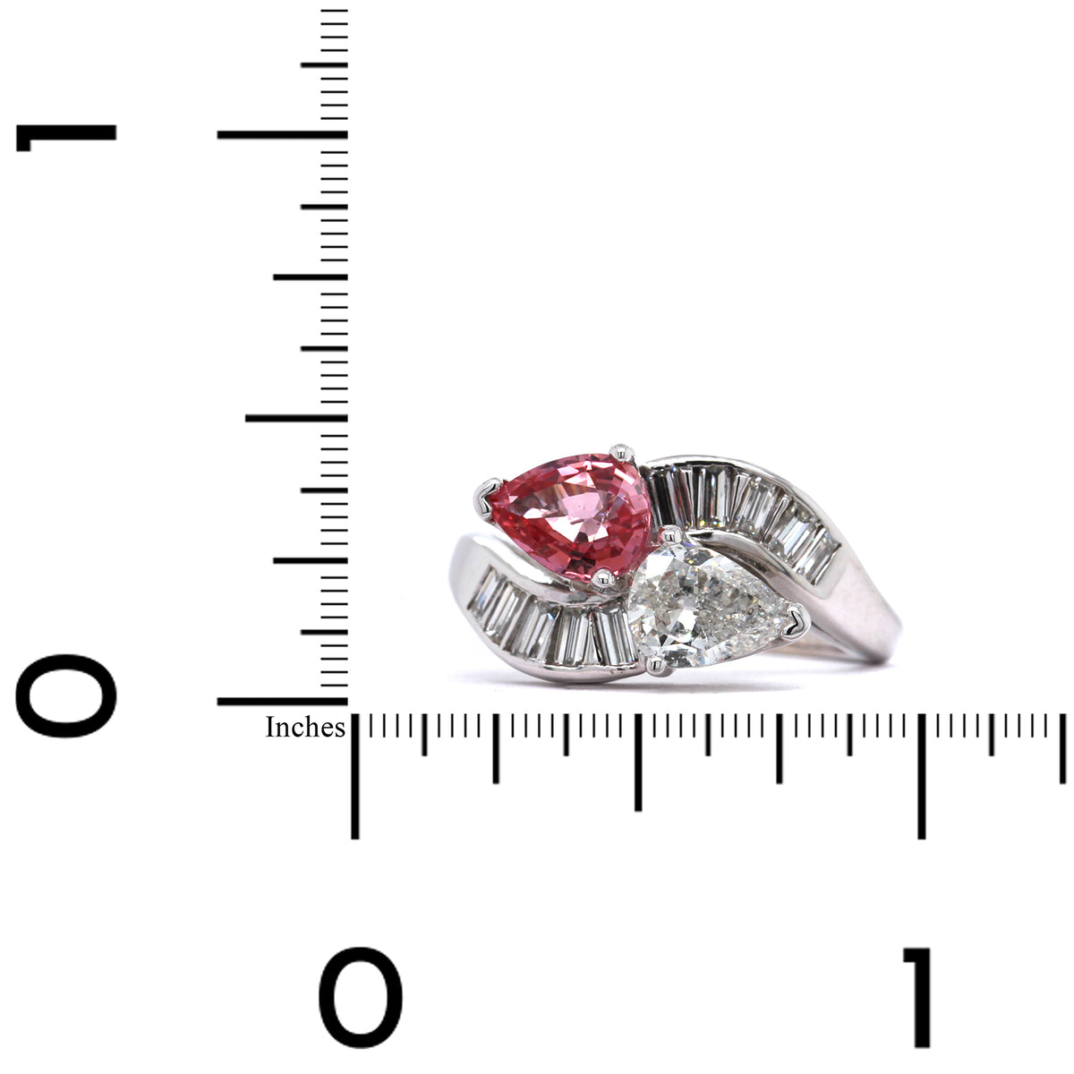 14K White Gold Pear Shaped Diamond and Padparadscha Ring