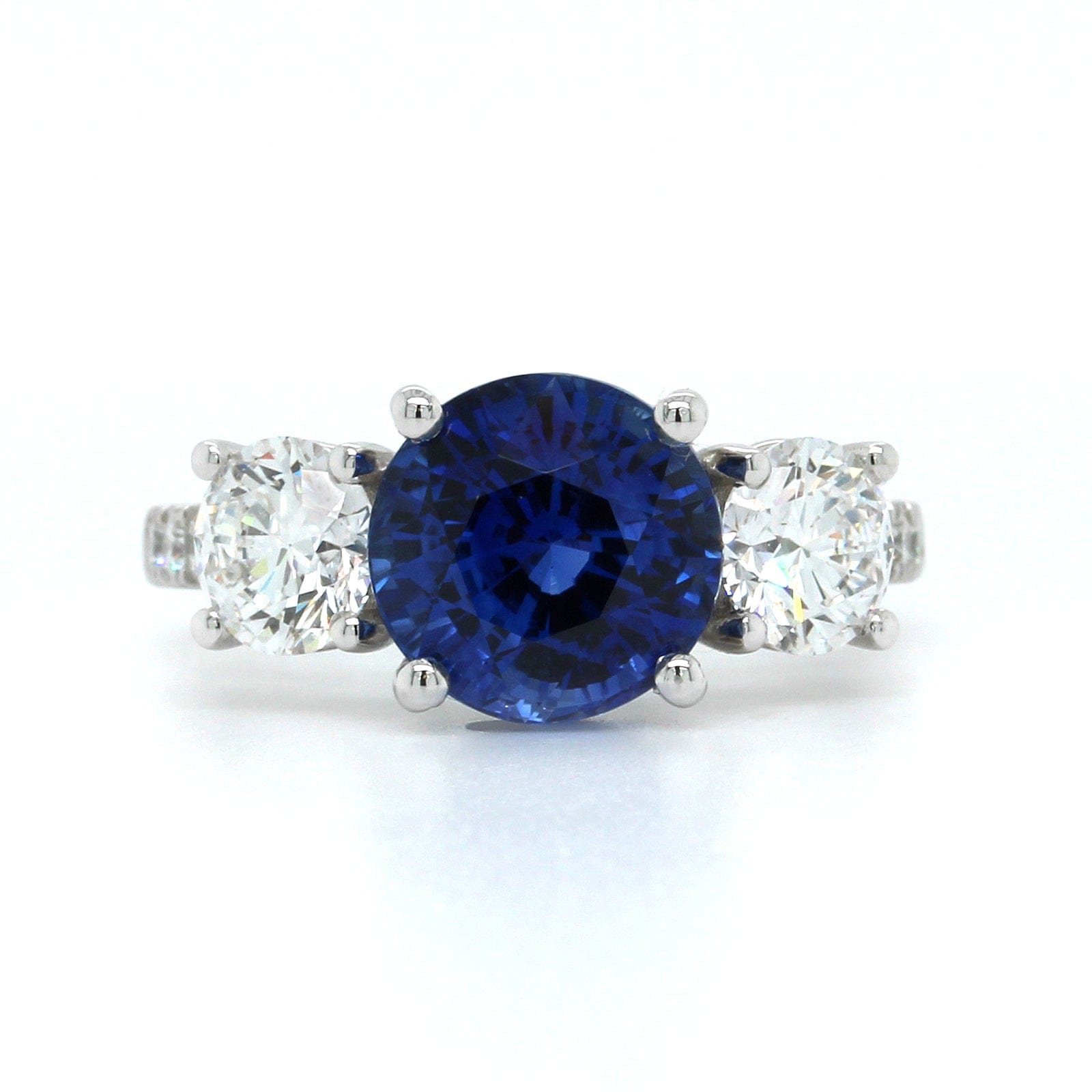 Platinum Round Sapphire Diamond 3 Stone Ring