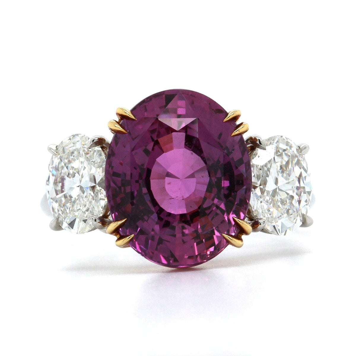 Platinum Oval Pink Sapphire and Diamond 3 Stone Ring, Platinum and 18k yellow gold, Long's Jewelers