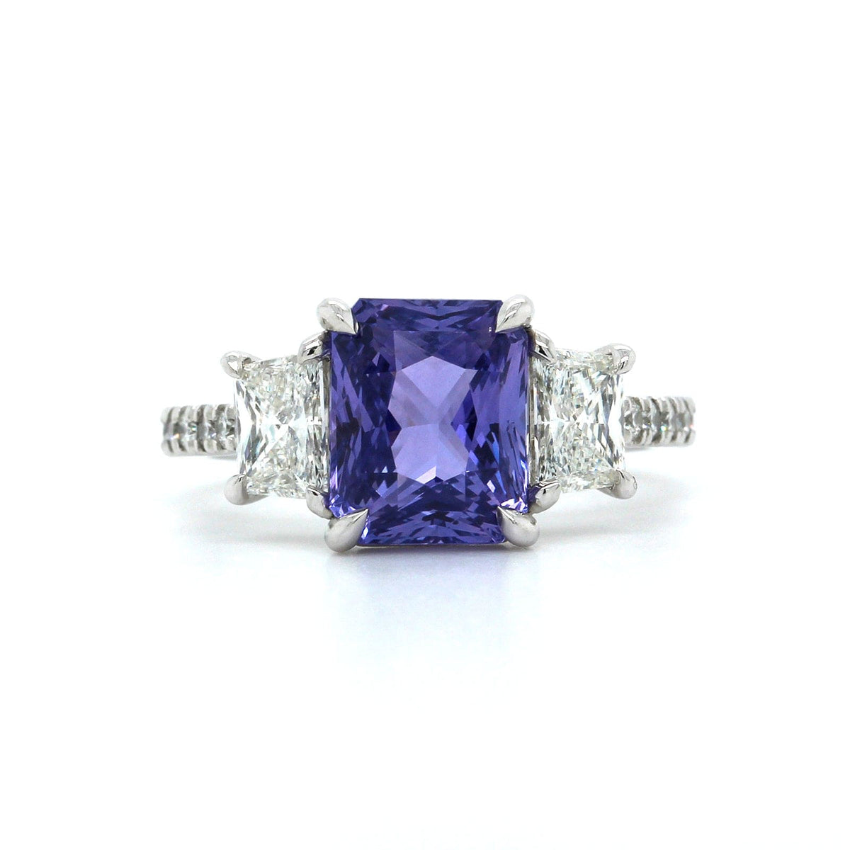 Platinum Radiant Purple Sapphire Diamond 3 Stone Ring
