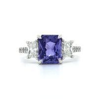 Platinum Radiant Purple Sapphire Diamond 3 Stone Ring