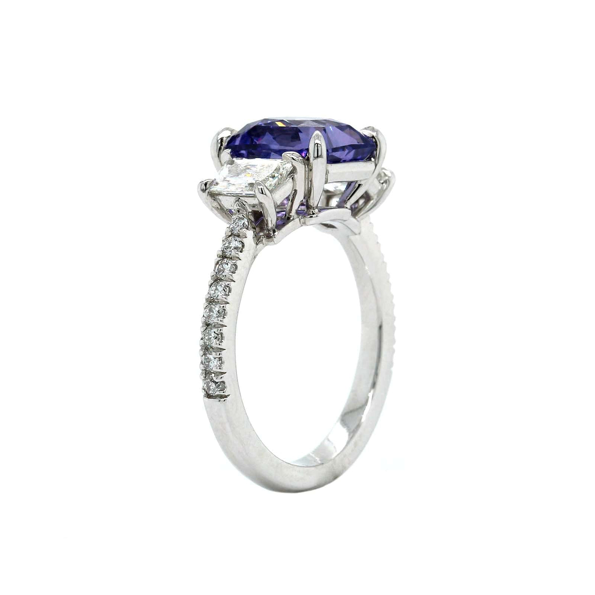 Platinum Radiant Purple Sapphire Diamond 3 Stone Ring