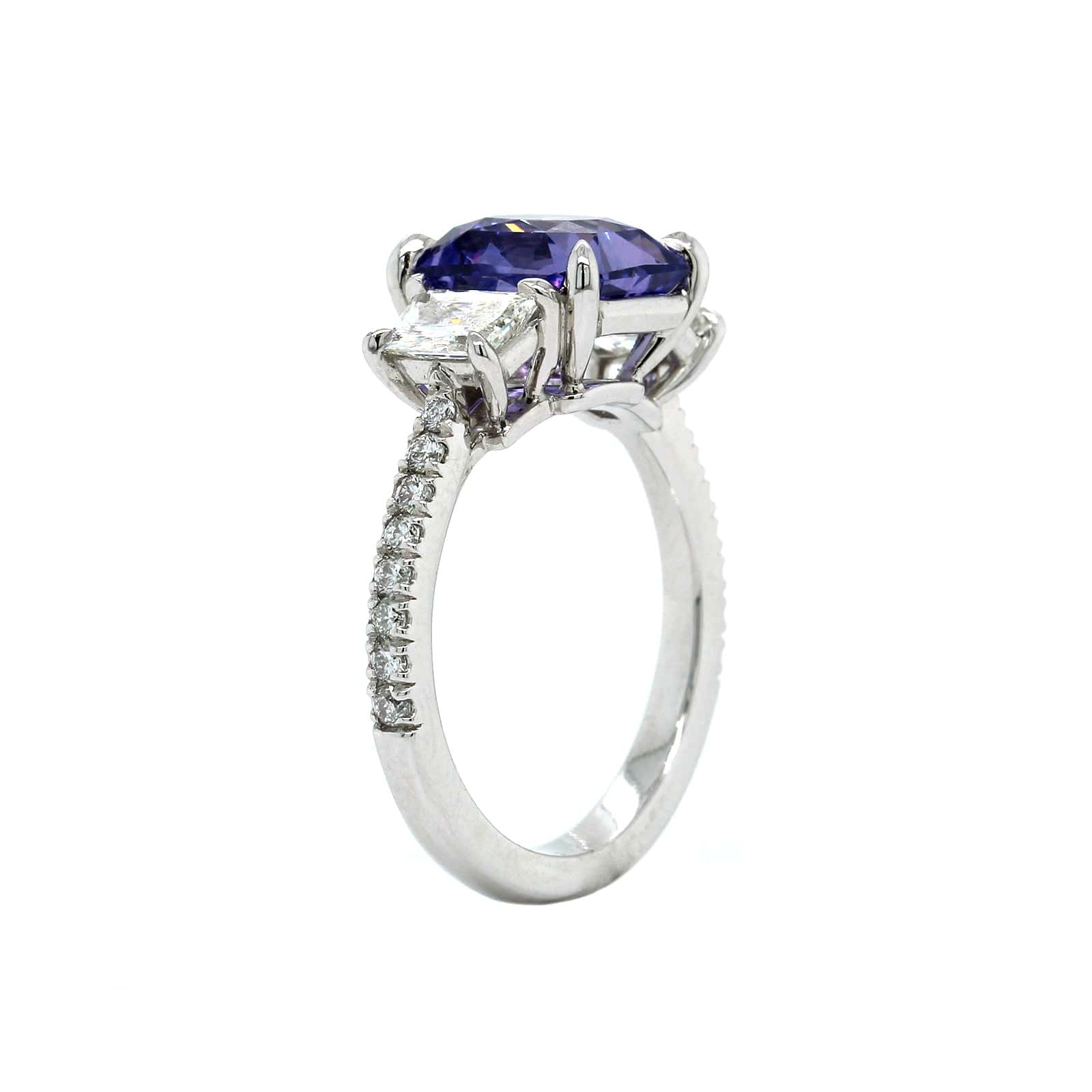 Platinum Radiant Purple Sapphire Diamond 3 Stone Ring