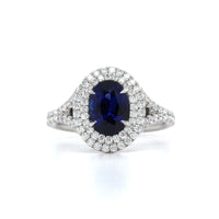Platinum Oval Sapphire Double Diamond Halo Ring