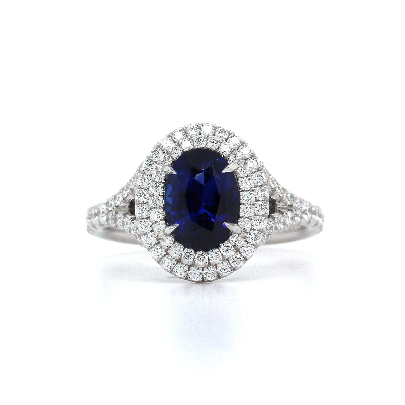 Platinum Oval Sapphire Double Diamond Halo Ring