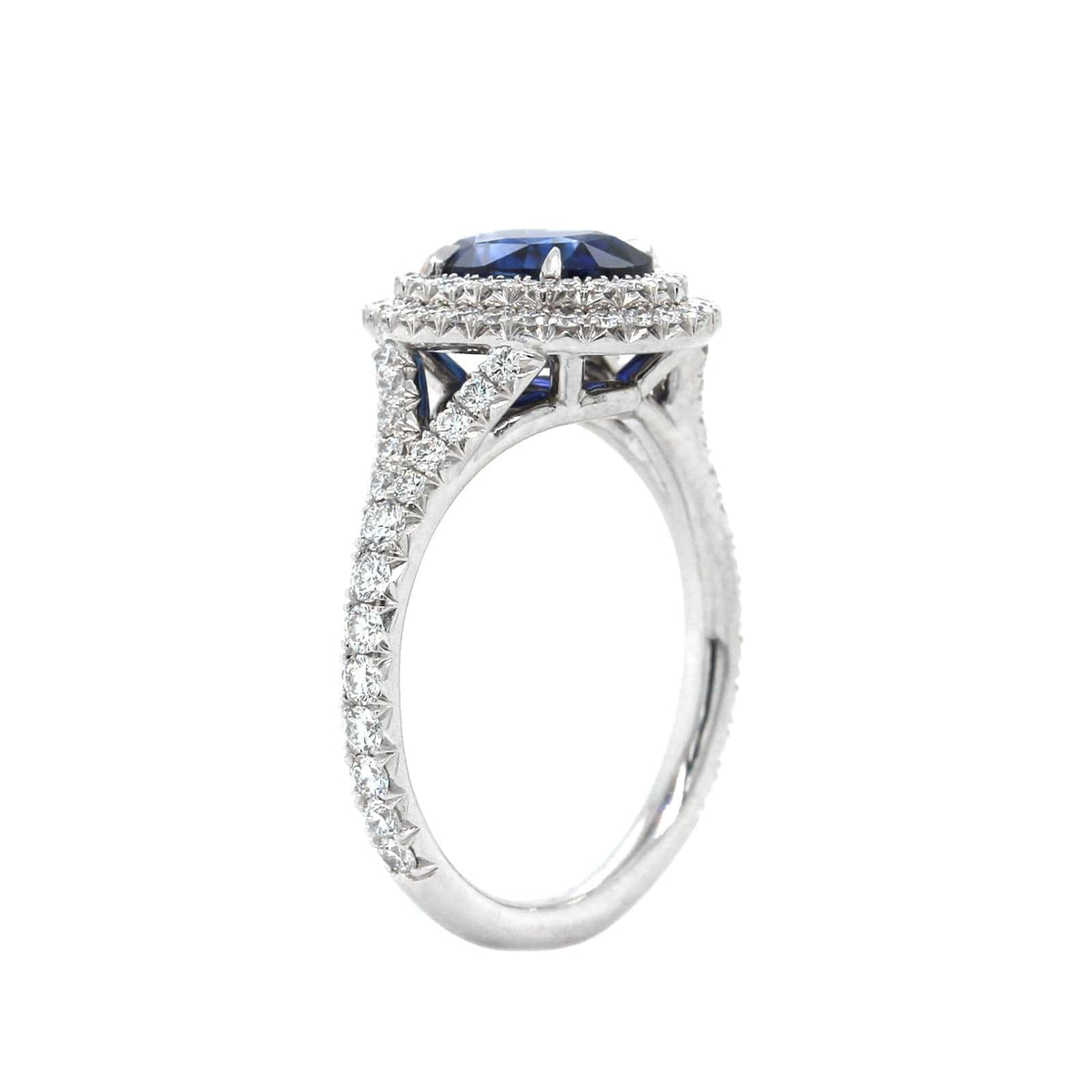 Platinum Oval Sapphire Double Diamond Halo Ring