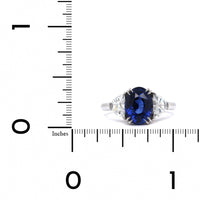 Platinum Oval Sapphire and Half Moon Diamond 3 Stone Ring