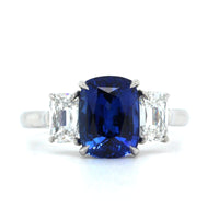 Platinum Cushion Sapphire Ring with Diamond Sides