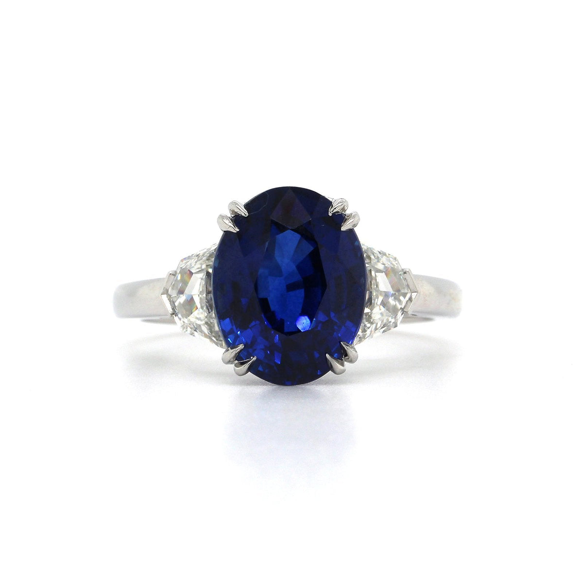 Platinum Oval Sapphire and Half Moon Diamond Ring