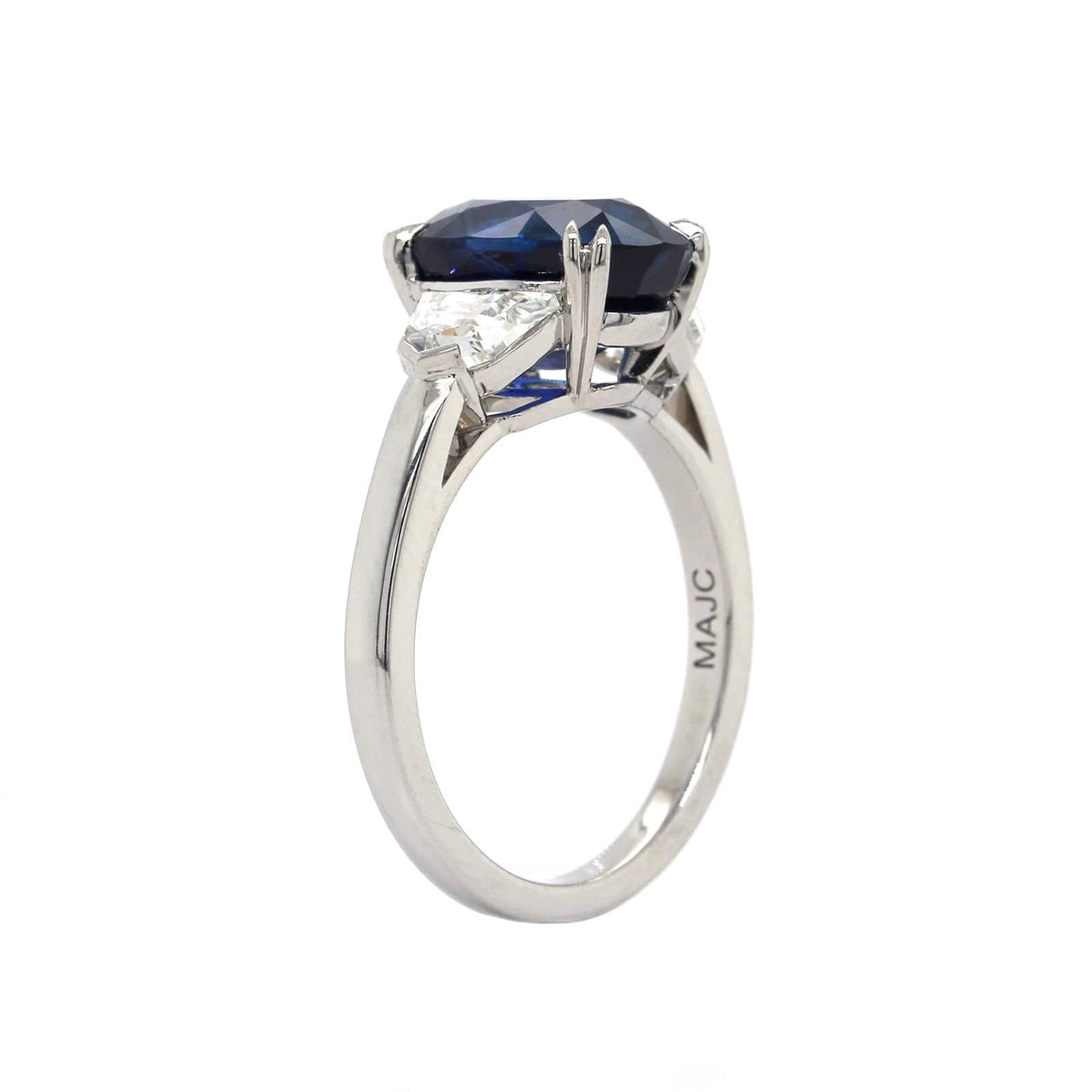 Platinum Oval Sapphire and Half Moon Diamond 3 Stone Ring