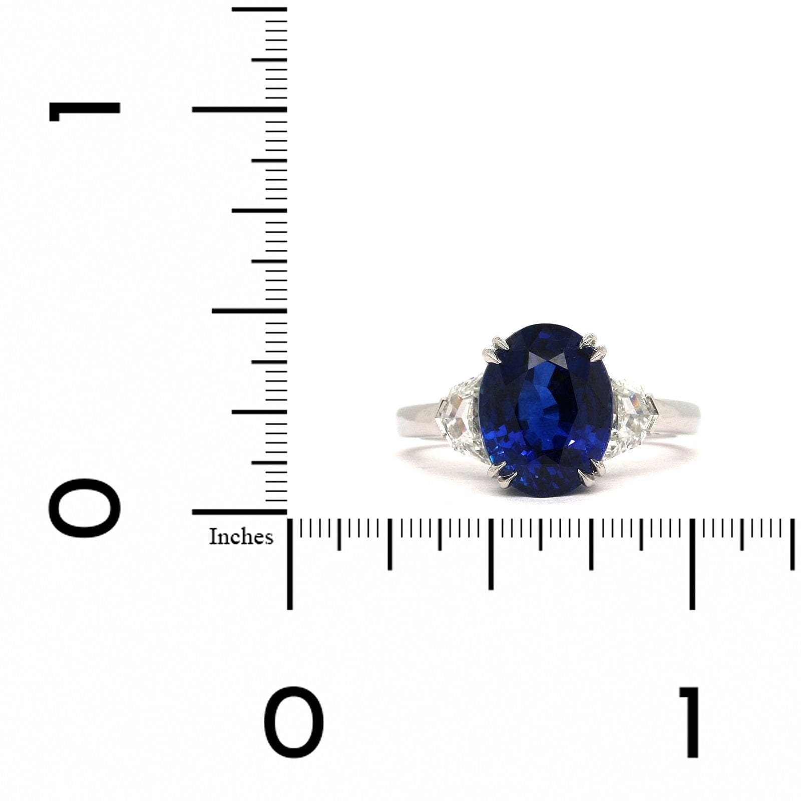 Platinum Oval Sapphire and Half Moon Diamond 3 Stone Ring