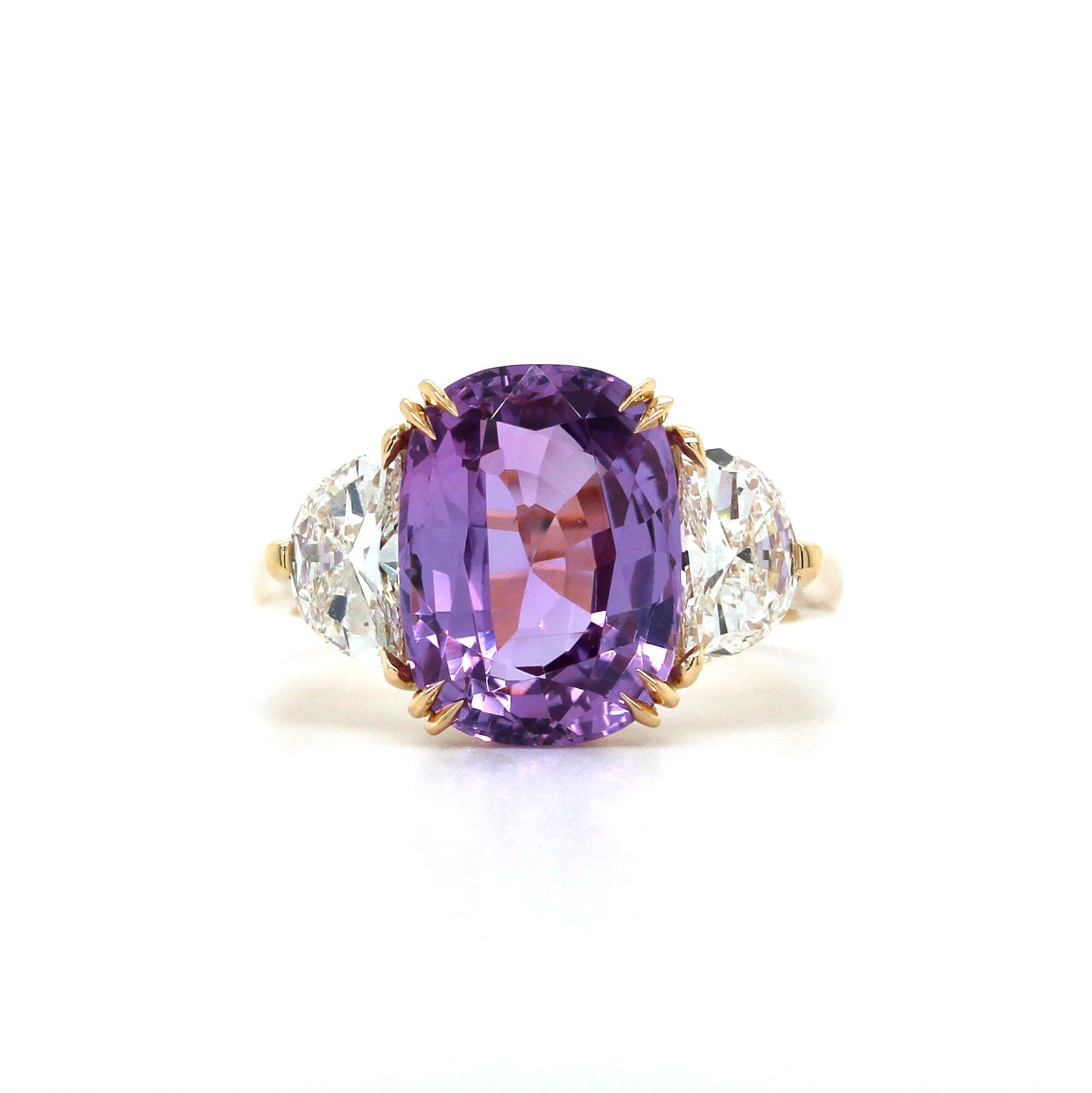 18K Yellow Gold Cushion Purple Sapphire Diamond 3 Stone Ring