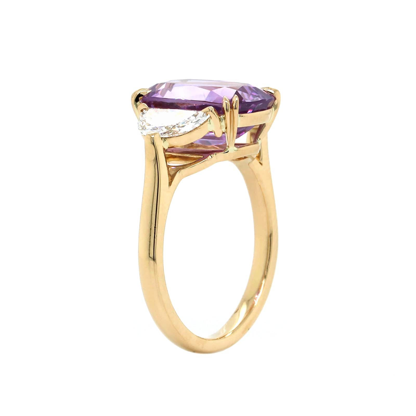 18K Yellow Gold Cushion Purple Sapphire Diamond 3 Stone Ring