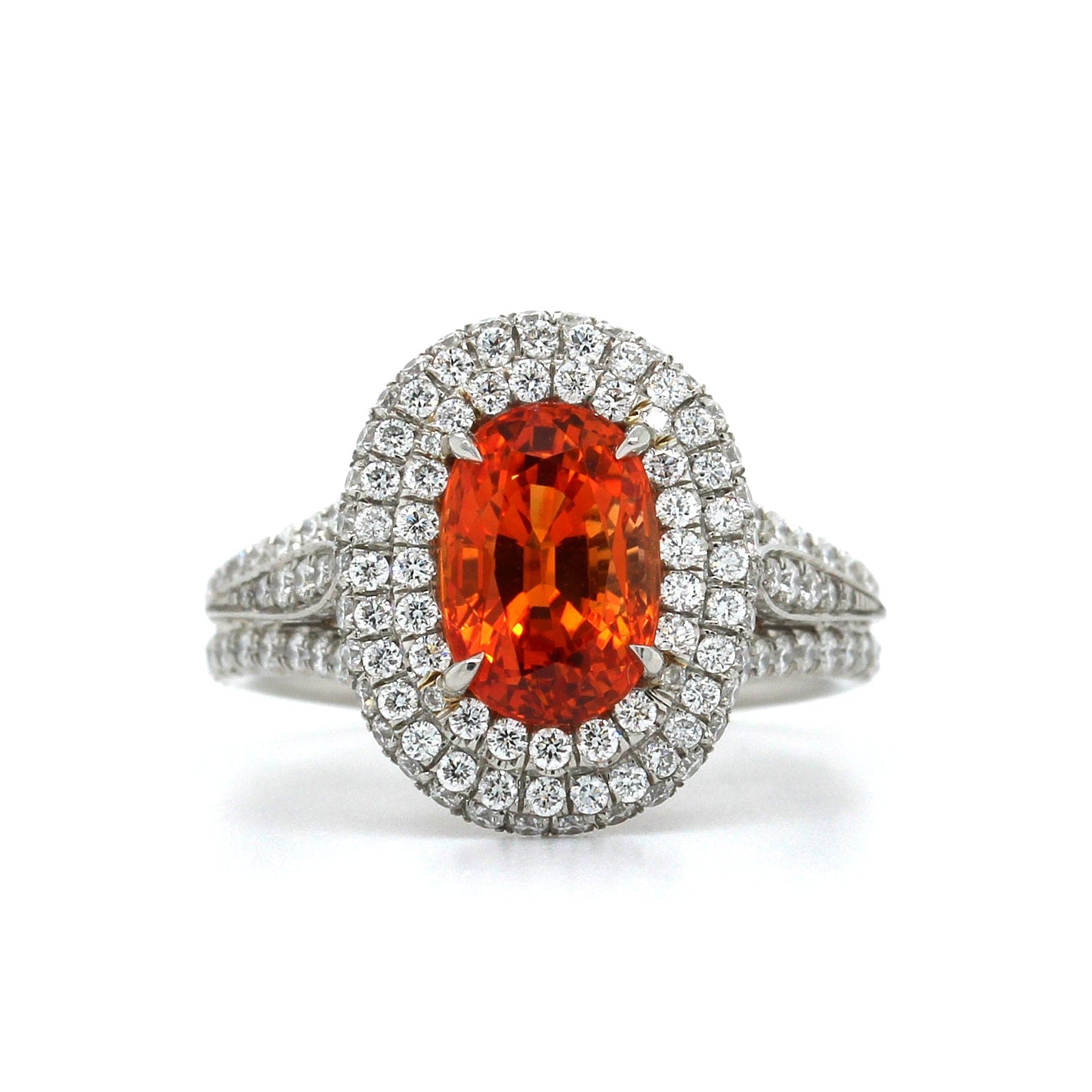 Platinum Oval Orange Sapphire Diamond Halo Ring, Platinum, Long's Jewelers