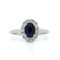 18K White Gold Oval Sapphire and Diamond Halo Ring