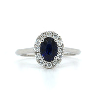 18K White Gold Oval Sapphire and Diamond Halo Ring
